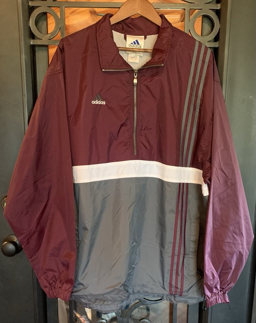 VTG 90s Adidas Tracker HZ Windbreaker Jacket Mens XXL Burgundy Gray Half Zip